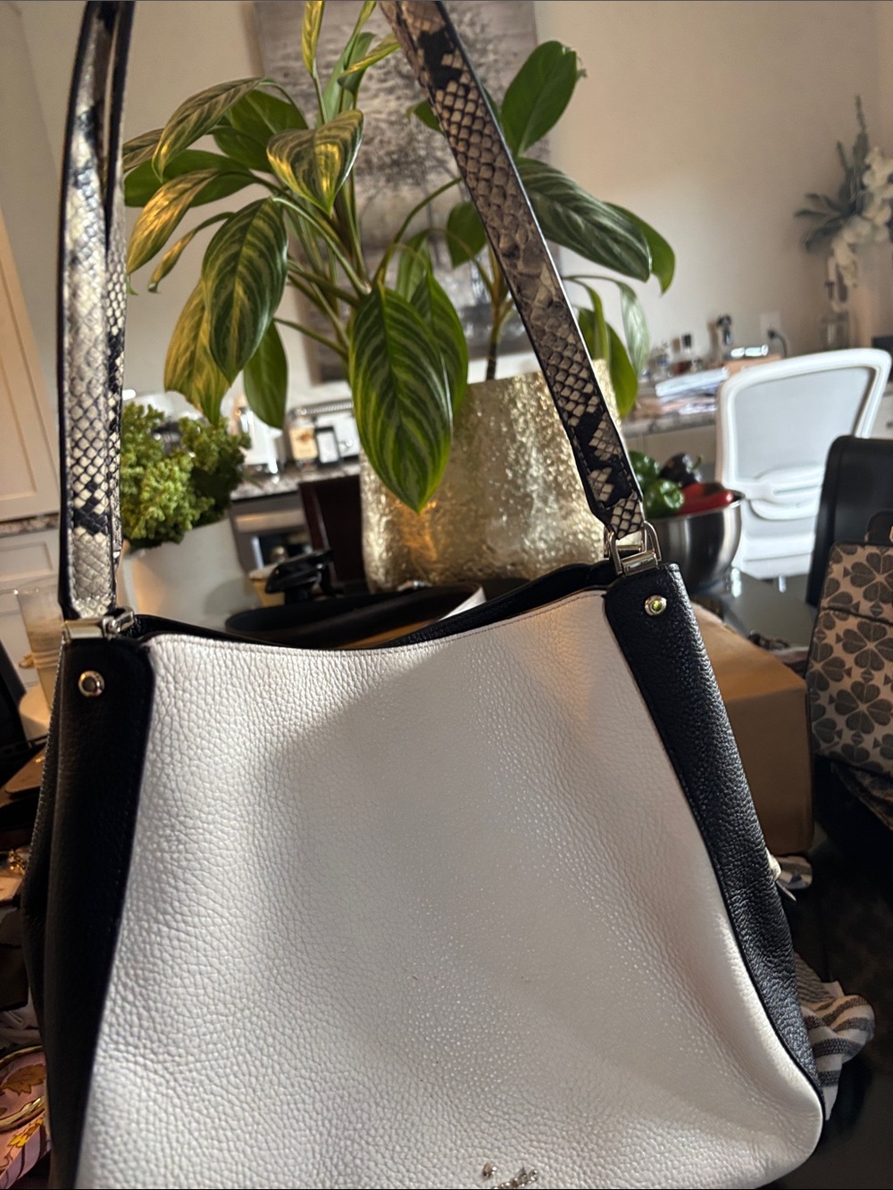 Kate Spade Women’s Black & White Shoulder Bag with Snake-Print Strap